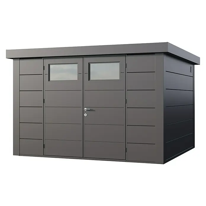 Telluria Metallgerätehaus Classico 3330 - Außenmaß inkl. Dachüberstand (B x T): 348 x 318 cm, Stahl, Anthrazit, Ohne Set - Ein modernes, anthrazitfarbenes Gartenhaus mit Doppeltür und Fenstern, ideal für die Aufbewahrung von Gartengeräten und mehr.