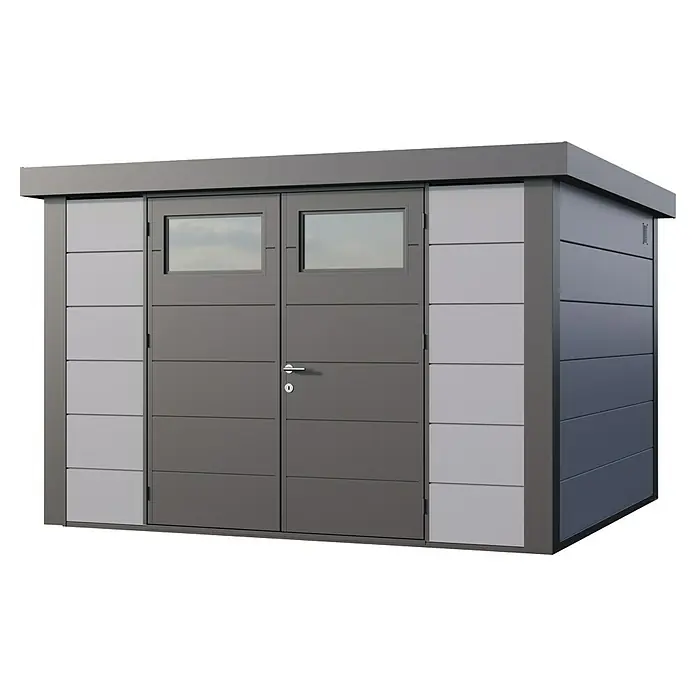 Telluria Metallgerätehaus Classico 3330 - Außenmaß inkl. Dachüberstand (B x T): 348 x 318 cm, Stahl, Lichtgrau/Anthrazit, Ohne Set - Bild eines modernen Gartenhauses mit Doppeltür und Fenster. Das Gartenhaus hat ein Flachdach und ist in verschiedenen Grautönen gehalten.