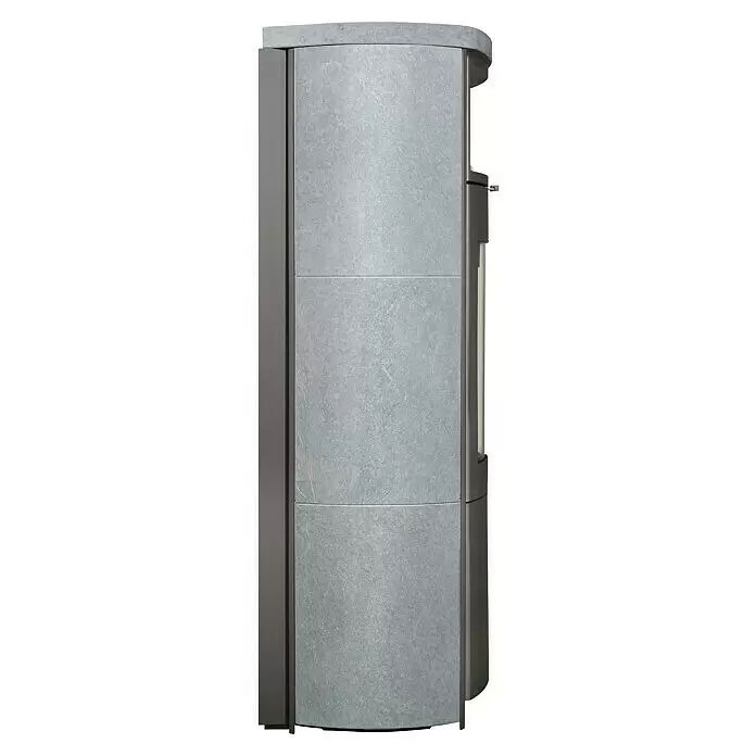 Hark Kaminofen Nika ECOplus - 5 kW, Raumheizvermögen: 138 m³, Grau - Moderner grauer Ofen mit strukturierter Steinoptik-Verkleidung und dunklem Rahmen.