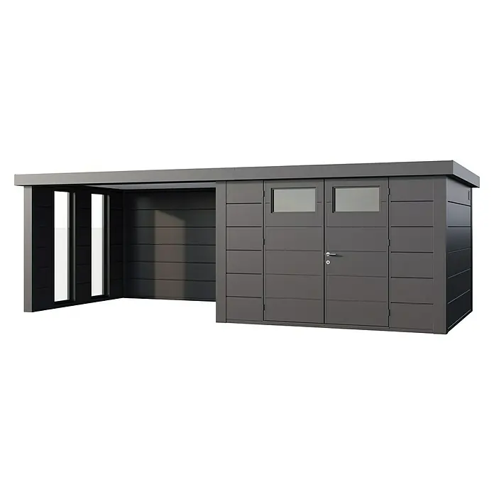 Telluria Metallgerätehaus Classico 3030 mit Lounge L links inkl. 2 Fenster und Elektro-Set - Außenmaß inkl. Dachüberstand (B x T): 662 x 318 cm, Stahl, Anthrazit, Inkl. Innenwandverkleidung & Elektro-Set - Abbildung eines modernen Gerätehauses in Anthrazit mit Flachdach, das zusätzlichen Stauraum im Außenbereich bietet.
