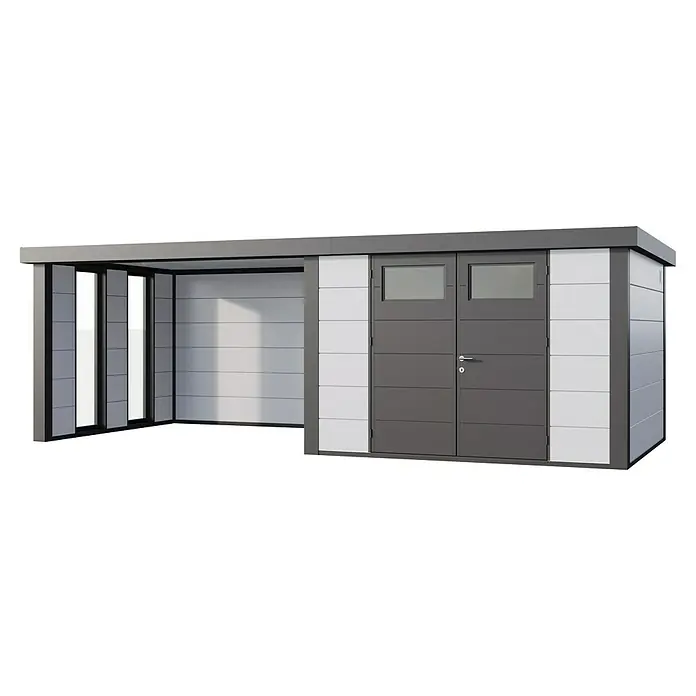 Telluria Gerätehaus Classico 3030 mit Lounge L links inkl. 2 Fenster und Elektro-Set - Außenmaß inkl. Dachüberstand (B x T): 662 x 318 cm, Stahl, Weiß/Anthrazit, Inkl. Innenwandverkleidung & Elektro-Set - Moderne Gartenlaube mit Doppeltür und offenem Bereich. Ideal für Entspannung und Aufbewahrung im Freien.