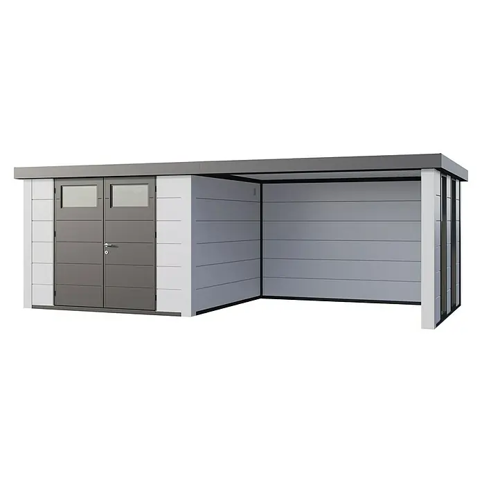 Telluria Metallgerätehaus Classico 3330 mit Lounge L rechts inkl. 2 Fenster und Elektro-Set - Außenmaß inkl. Dachüberstand (B x T): 692 x 318 cm, Stahl, Weiß, Inkl. Innenwandverkleidung & Elektro-Set - Das Bild zeigt ein modernes Gartenhaus mit Doppeltür und offenem Anbau. Ideal für Gartenutensilien und als Unterstand im Freien.