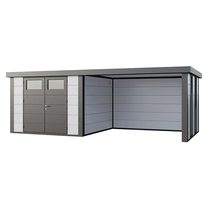 Telluria Metallgerätehaus Classico 3030 mit Lounge L rechts inkl. 2 Fenster - Außenmaß inkl. Dachüberstand (B x T): 662 x 318 cm, Stahl, Weiß/Anthrazit, Ohne Set - Moderne Gartenbox mit Tür und überdachtem Abstellplatz. Ideal für Gartengeräte und Fahrräder, schützt vor Wind und Wetter.