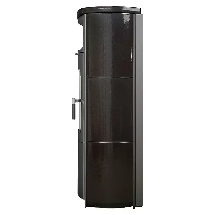 Hark Kaminofen Nika ECOplus - 5 kW, Raumheizvermögen: 138 m³, Material Verkleidung: Keramik, Schwarz - Moderner, hoher, dunkelgrau glänzender Ofen mit Metallic-Finish und seitlichem Griff.