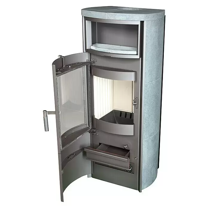 Hark Kaminofen Nika ECOplus - 7 kW, Raumheizvermögen: 193 m³, Grau - Moderner Kamin aus grauem Metall und Stein mit offener Glastür, zeigt Brennraum, Ascheschublade und oberes Wärmefach.