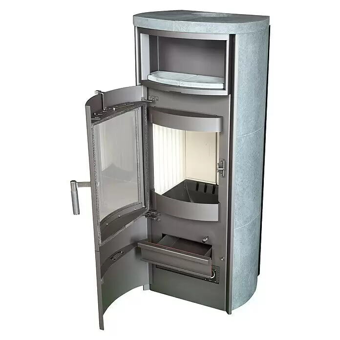 Hark Kaminofen Nika ECOplus - 5 kW, Raumheizvermögen: 138 m³, Grau - Moderner Holzofen aus grauem Metall und hellem Stein, mit offener Glastür, die Brennkammer und Aschelade zeigt.
