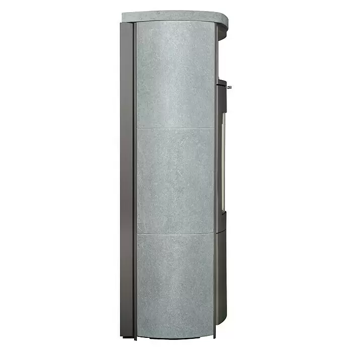 Hark Kaminofen Nika ECOplus - 7 kW, Raumheizvermögen: 193 m³, Grau - Moderner grauer Kaminofen mit gebogener Natursteinverkleidung.