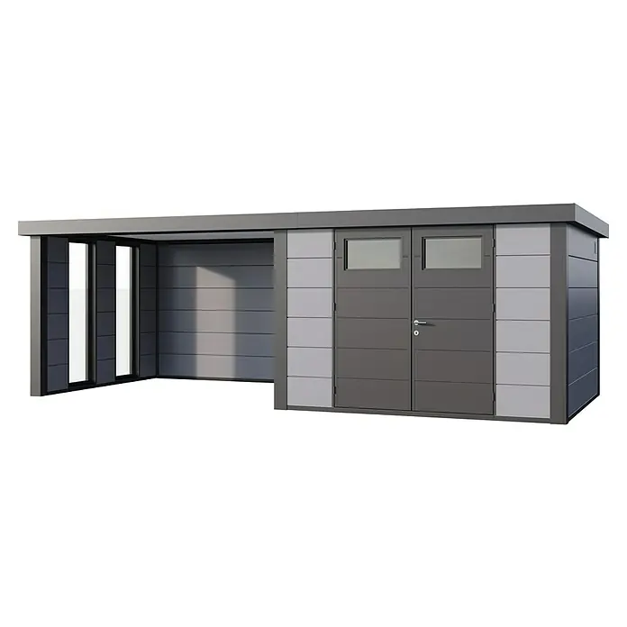 Telluria Metallgerätehaus Classico 3330 mit Lounge L links inkl. 2 Fenster und Elektro-Set - Außenmaß inkl. Dachüberstand (B x T): 692 x 318 cm, Stahl, Lichtgrau/Anthrazit, Inkl. Innenwandverkleidung & Elektro-Set - Ein modernes Gartenhaus mit Anbau, das durch sein schlichtes Design und die praktischen Fenster in den Türen besticht. Ideal für den Garten.
