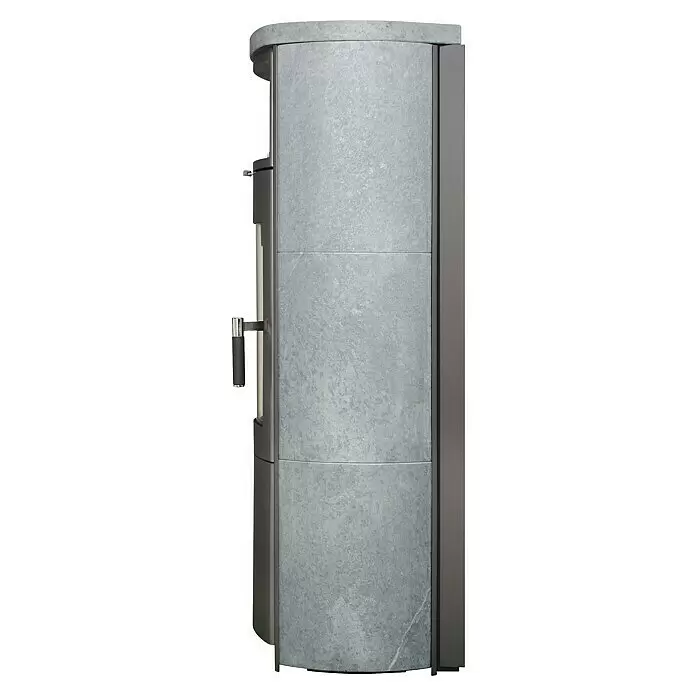 Hark Kaminofen Nika ECOplus - 7 kW, Raumheizvermögen: 193 m³, Grau - Moderner grauer Speicherofen aus Stein mit dunklem Metallrahmen und Griff.