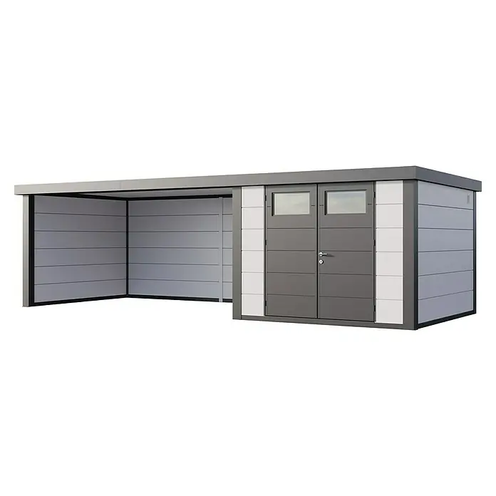Telluria Metallgerätehaus Classico 3330 mit Lounge XL links inkl. Elektro-Set - Außenmaß inkl. Dachüberstand (B x T): 812 x 318 cm, Stahl, Weiß/Anthrazit, Inkl. Innenwandverkleidung & Elektro-Set - Ein modernes Gerätehaus mit Carport, ideal für die Aufbewahrung von Gartengeräten und als Unterstand für Fahrzeuge, in stilvollem Grau und Weiß.