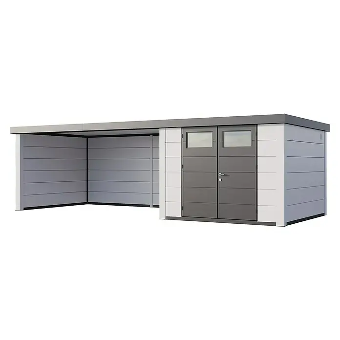 Telluria Metallgerätehaus Classico 3330 mit Lounge XL links inkl. Elektro-Set - Außenmaß inkl. Dachüberstand (B x T): 812 x 318 cm, Stahl, Weiß, Inkl. Innenwandverkleidung & Elektro-Set - Das moderne Gerätehaus mit Anbau bietet praktischen Stauraum und einen geschützten Bereich im Freien. Ideal für Garten und Freizeit.