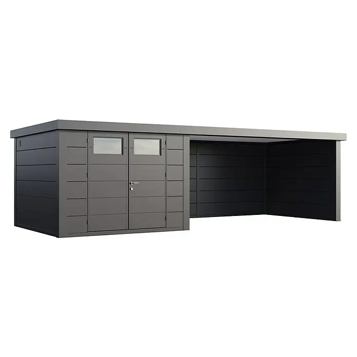 Telluria Metallgerätehaus Classico 3030 mit Lounge XL rechts inkl. Elektro-Set - Außenmaß inkl. Dachüberstand (B x T): 782 x 318 cm, Stahl, Anthrazit, Inkl. Innenwandverkleidung & Elektro-Set - Dieses Bild zeigt ein modernes, graues Gartenhaus mit Doppeltür und überdachtem Bereich, ideal für die Lagerung von Gartengeräten.