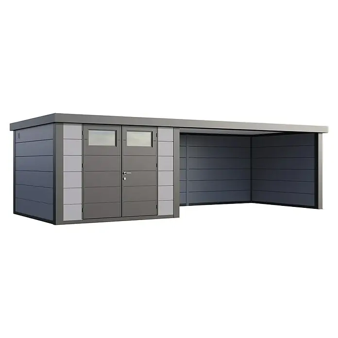 Telluria Metallgerätehaus Classico 3330 mit Lounge XL rechts inkl. Elektro-Set - Außenmaß inkl. Dachüberstand (B x T): 812 x 318 cm, Stahl, Lichtgrau/Anthrazit, Inkl. Innenwandverkleidung & Elektro-Set - Moderne Gartenbox mit Anbau und Doppeltüren aus Metall in Grau und Silber mit Fenster für den Garten oder die Terrasse.