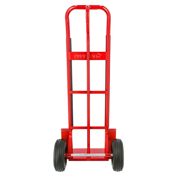 BAUHAUS Sackkarre HT 600 S - Stahl, Traglast: 250 kg - Nahaufnahme einer roten Sackkarre mit stabilen Reifen und einer robusten Stahlkonstruktion, ideal für den Transport schwerer Lasten.