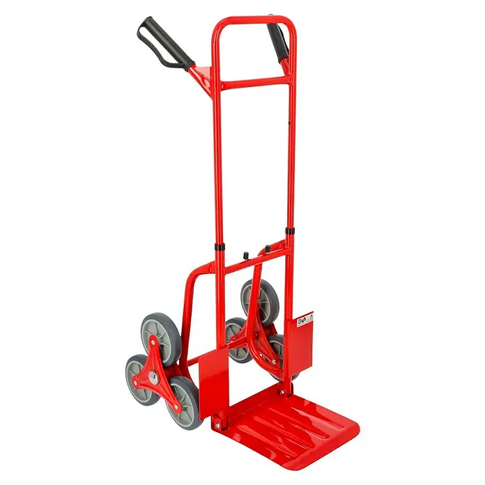 BAUHAUS Treppen-Sackkarre - Stahl, Traglast: 120 kg - Eine rote Treppenkarre mit drei Rädern pro Seite und schwarzen Griffen, ideal für den Transport von Lasten über Stufen.