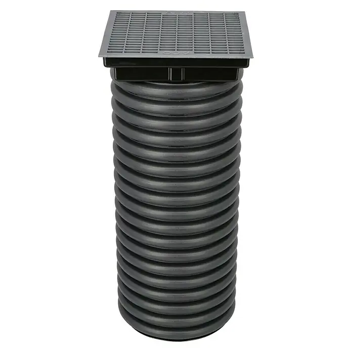 ACO Pozo de drenaje - 25,5 x 25,5 x 57,5 cm, Plástico - Imagen de un pozo de drenaje con tapa gris y cuerpo de pozo negro y corrugado. Ideal para drenar superficies.