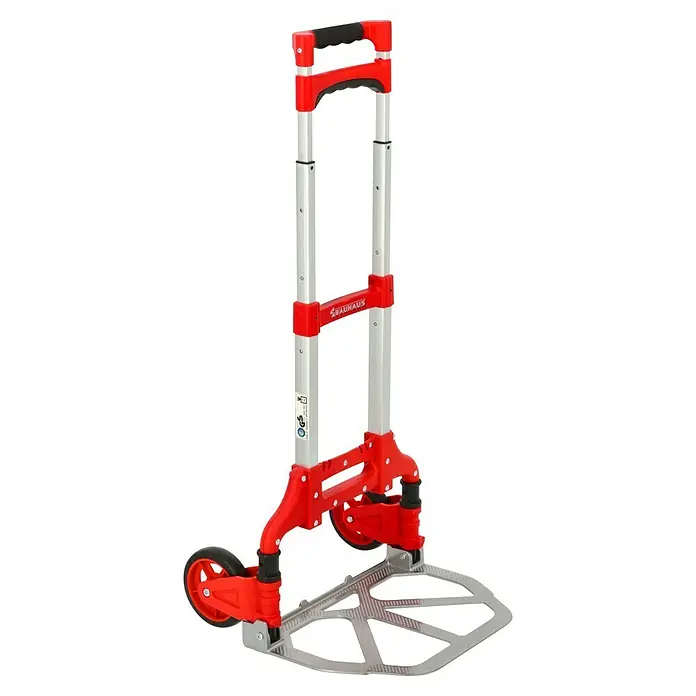 BAUHAUS Sackkarre - Aluminium, Traglast: 70 kg, Klappbar - Aufnahme des Bauhaus-Trolleys. Er ist rot und silberfarben und hat einen verstellbaren Griff und eine faltbare Basis für einfachen Transport.