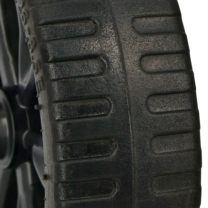 Altrad Sackkarren-Ersatzrad Flex Lite - Durchmesser: 255 mm, Sonstiges - Detailaufnahme eines schwarzen Gummirads mit ausgeprägtem Profil, das für optimalen Grip und Haltbarkeit sorgt. Ideal für verschiedene Anwendungen.