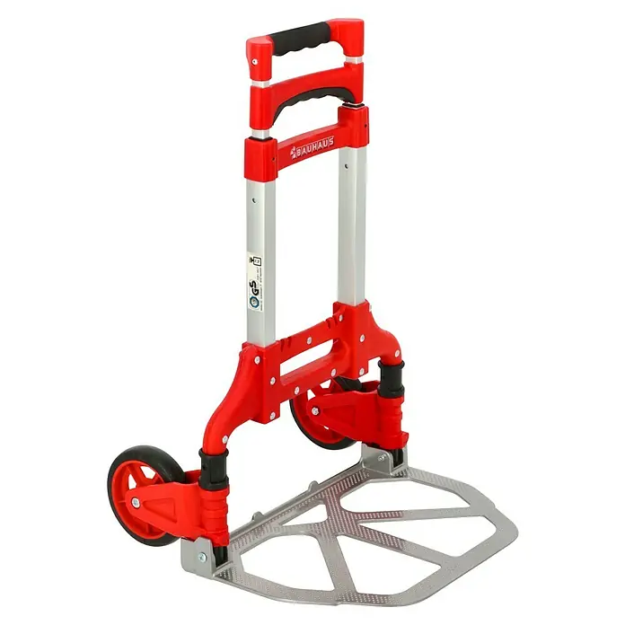 BAUHAUS Sackkarre - Aluminium, Traglast: 70 kg, Klappbar - Produktabbildung einer roten und silbernen Bauhaus-Sackkarre mit einer maximalen Tragfähigkeit von 125 kg.