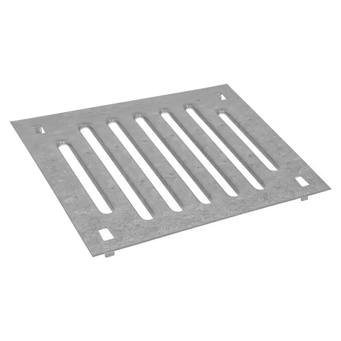 ACO Self Stegrost - 25 x 25 x 0,3 cm, Verzinkt - Eine quadratische ACO-Self Entwässerungsrinne aus verzinktem Stahl, ideal für die effiziente Ableitung von Oberflächenwasser.