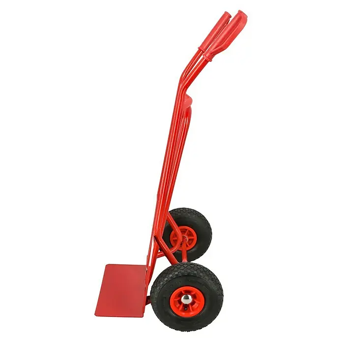 Sackkarre - Stahl, Traglast: 200 kg - Eine rote Sackkarre mit zwei Rädern und einem flachen Sockel. Ideal für den Transport schwerer Gegenstände.