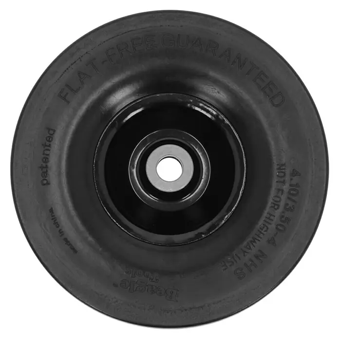 BAUHAUS Sackkarren-Ersatzrad Beagle - 25,4 cm - Nahaufnahme eines schwarzen, pannensicheren Beagle Tools Rades mit silberner Nabe.