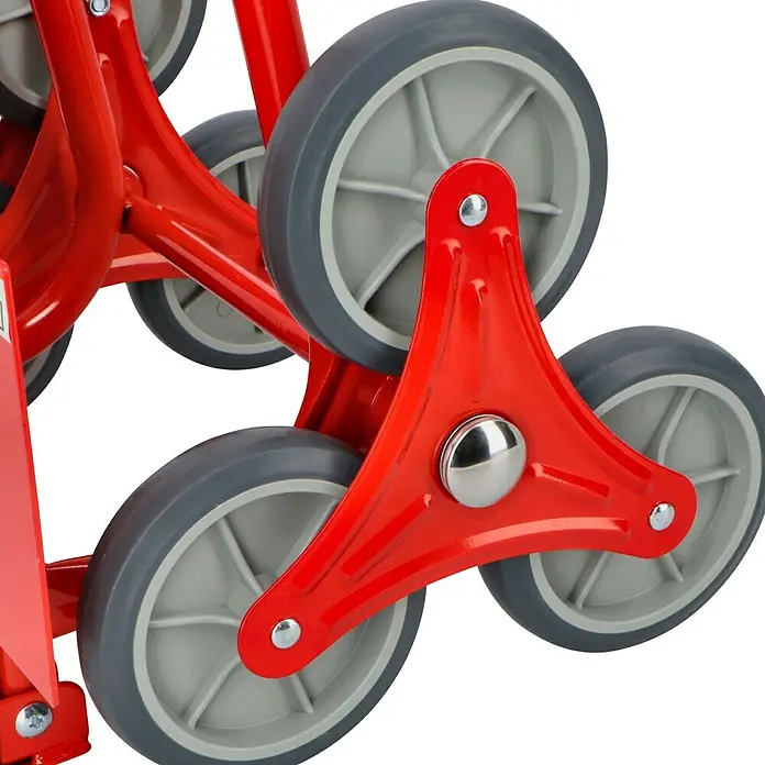 BAUHAUS Treppen-Sackkarre - Stahl, Traglast: 120 kg - Detailaufnahme eines roten Treppensteigers mit drei grauen Rädern pro Seite.