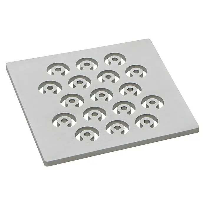ACO Designrost Raindrops - 102,5 mm x 102,5 mm, Edelstahl - Quadratische Edelstahlplatte mit ausgestanzten, halbkreisförmigen Löchern in einem Rastermuster für diverse Anwendungen.