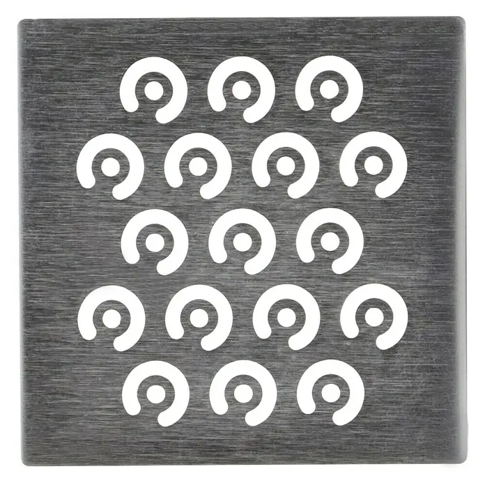 ACO Designrost Raindrops - 102,5 mm x 102,5 mm, Edelstahl - Metallplatte mit einem Muster aus Halbkreisen und Punkten. Das Muster besteht aus 20 Aussparungen mit einem leichten industriellen Touch.