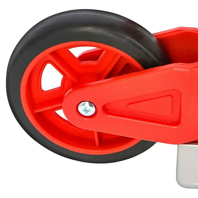 BAUHAUS Sackkarre - Aluminium, Traglast: 70 kg, Klappbar - Nahaufnahme eines roten Rollers mit schwarzem Rad und silberner Schraube, ideal für aktive Kinder.