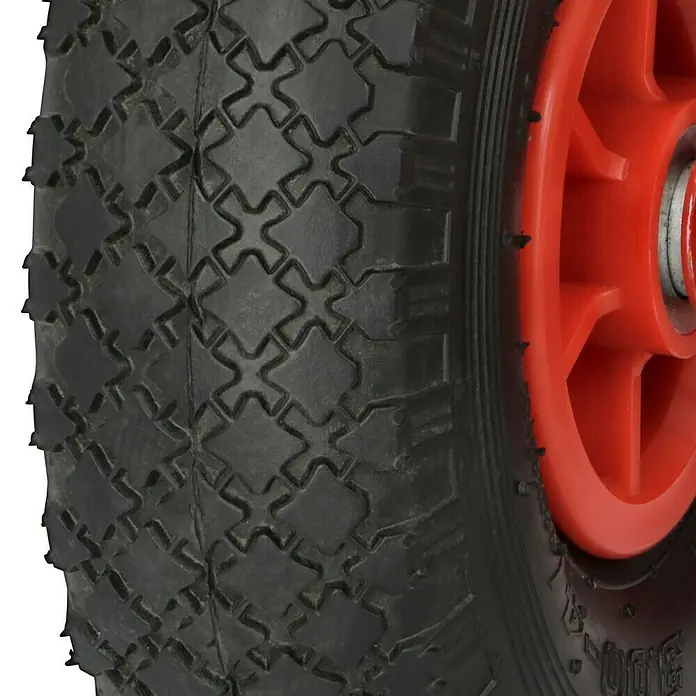 Allround-SackkarreStahl, Tragkraft: 200 kg - Detailaufnahme eines schwarzen Reifens mit markantem Profil und einer roten Felge. Ideal für robuste Anwendungen.