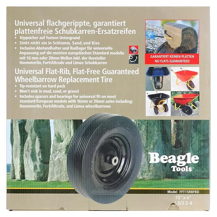 BAUHAUS Schubkarren-Ersatzrad - Durchmesser: 15 ", Schlauchlos - Das Bild zeigt einen pannensicheren Universal-Flachrippen-Ersatzreifen für Schubkarren der Marke Beagle Tools mit den Maßen 15" x 4".