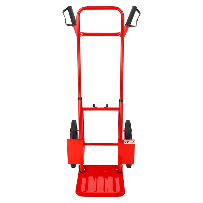 BAUHAUS Treppen-Sackkarre - Stahl, Traglast: 120 kg - Eine rote Sackkarre mit schwarzen Griffen und Rädern, ideal für den Transport schwerer Gegenstände. Solide Bauweise für den professionellen Einsatz.