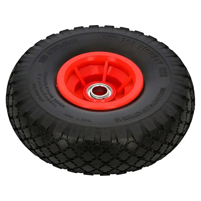Altrad Sackkarren-Ersatzrad - Durchmesser: 260 mm - Nahaufnahme eines schwarzen Reifens mit einer roten Felge und einer maximalen Tragfähigkeit von 200 kg.