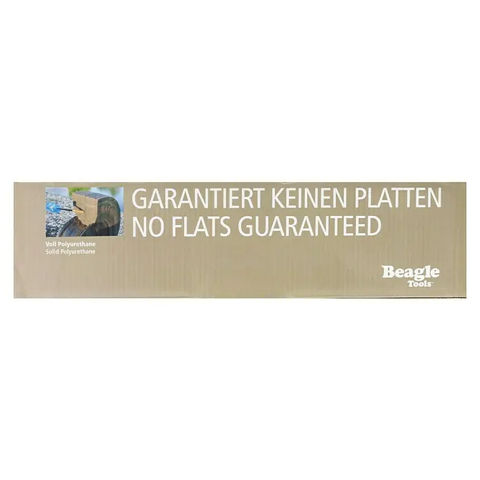 BAUHAUS Schubkarren-Ersatzrad - Durchmesser: 15 ", Schlauchlos - Bild einer soliden Polyurethan-Reifenanzeige von Beagle Tools mit „GARANTIERT KEINEN PLATTEN“.