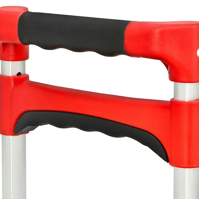 BAUHAUS Sackkarre - Aluminium, Traglast: 70 kg, Klappbar - Nahaufnahme eines roten Einkaufswagens mit schwarzen Griffen. Das Bild zeigt Details des Wagens.