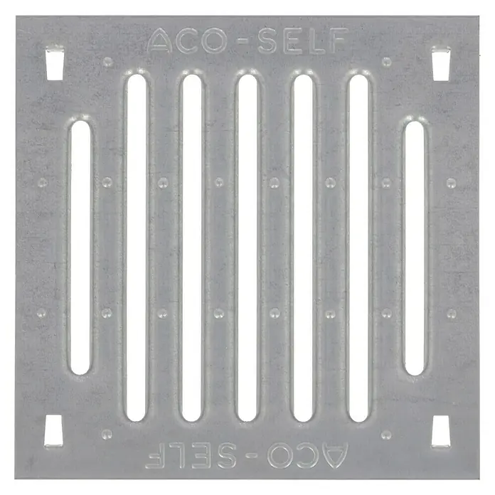 ACO Self Stegrost - 25 x 25 x 0,3 cm, Verzinkt - ACO Self Entwässerungsrinne mit Rostabdeckung aus robustem Material für zuverlässige Oberflächenentwässerung im Außenbereich.