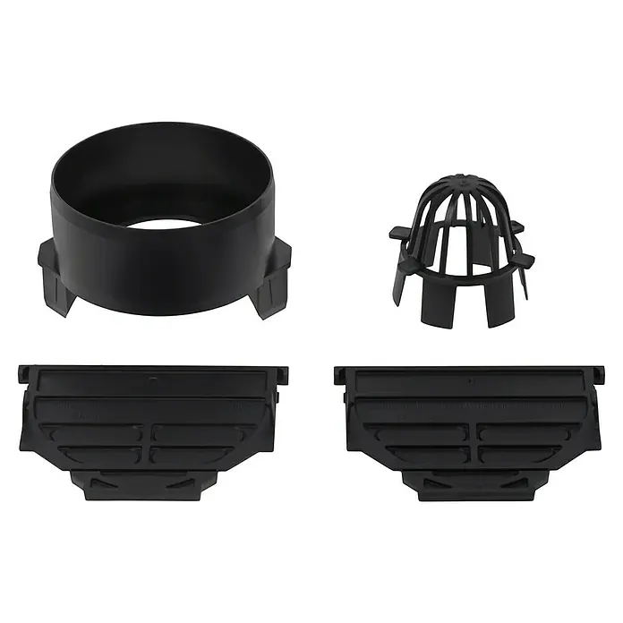 ACO Zubehör-Set Self Hexaline - 4 -tlg. - Ein schwarzes Fallrohr-Reinigungsset, bestehend aus einem Fallrohrstutzen, einem Laubfänger und zwei Fallrohrkästen, zur Reinigung von Dachrinnen.