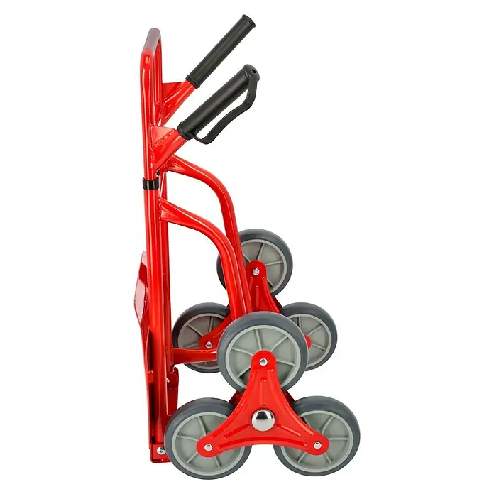 BAUHAUS Treppen-Sackkarre - Stahl, Traglast: 120 kg - Bild eines roten Treppensteigers mit drei Rädern auf jeder Seite und schwarzen Griffen.