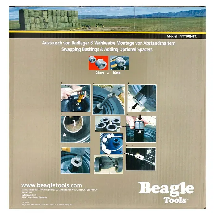 BAUHAUS Sackkarren-Ersatzrad Beagle - 25,4 cm - Abbildung des Beagle Tools-Produkts FFT10R4FR, das den Austausch von Radlagern und das Hinzufügen von Abstandshaltern zeigt.