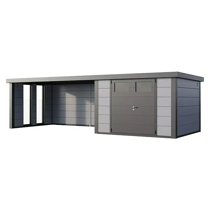 Telluria Metallgerätehaus Classico 3030 mit Lounge XL links inkl. 2 Fenster und Elektro-Set - Außenmaß inkl. Dachüberstand (B x T): 782 x 318 cm, Stahl, Lichtgrau/Anthrazit, Inkl. Innenwandverkleidung & Elektro-Set - Moderner Geräteschuppen mit Anbau für den Garten. Der Schuppen bietet Stauraum und der Anbau zusätzlichen Schutz vor Wind und Wetter.