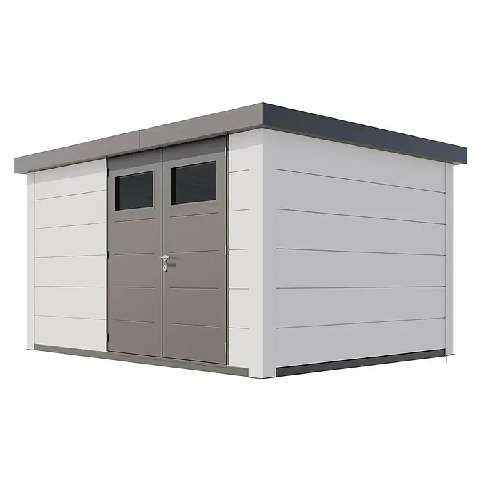 Telluria Metallgerätehaus Classico 3930 inkl. Elektro-Set - Außenmaß inkl. Dachüberstand (B x T): 408 x 318 cm, Stahl, Weiß, Inkl. Innenwandverkleidung & Elektro-Set - Moderne Gartenlaube in Grau und Weiß. Das Gartenhaus hat eine Doppeltür mit Fenstern und ein flaches Dach in Grau für den Außenbereich.