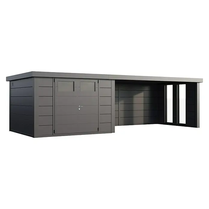Telluria Metallgerätehaus Classico 3330 mit Lounge XL rechts inkl. 2 Fenster und Elektro-Set - Außenmaß inkl. Dachüberstand (B x T): 812 x 318 cm, Stahl, Anthrazit, Inkl. Innenwandverkleidung & Elektro-Set - Eine moderne, graue Gerätebox mit einem abschließbaren Abteil und einem offenen Bereich, ideal für Gartenutensilien und mehr.