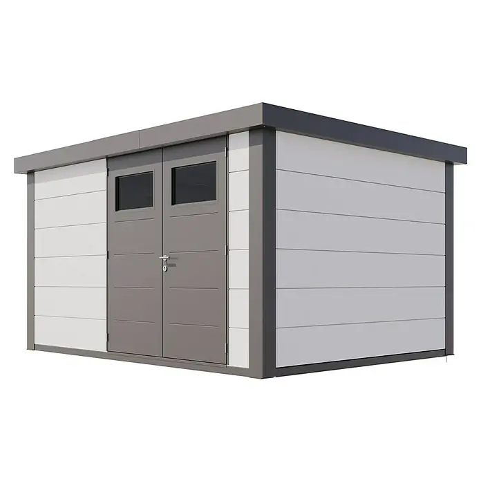 Telluria Metallgerätehaus Classico 3930 inkl. Elektro-Set - Außenmaß inkl. Dachüberstand (B x T): 408 x 318 cm, Stahl, Weiß/Anthrazit, Inkl. Innenwandverkleidung & Elektro-Set - Ein graues Gartenhaus mit Doppeltür und kleinen Fenstern. Ideal zur Aufbewahrung von Gartengeräten und Werkzeugen.