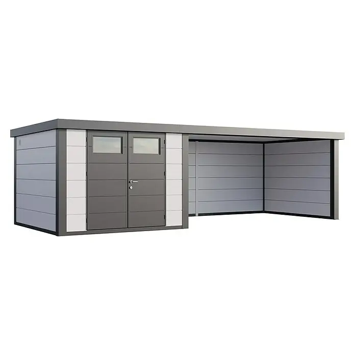 Telluria Metallgerätehaus Classico 3030 mit Lounge XL rechts - Außenmaß inkl. Dachüberstand (B x T): 782 x 318 cm, Stahl, Weiß/Anthrazit, Ohne Set - Ein moderner Geräteschuppen mit Carport-Anbau, ideal für die Aufbewahrung und als Wetterschutz für Fahrzeuge oder Gartengeräte.