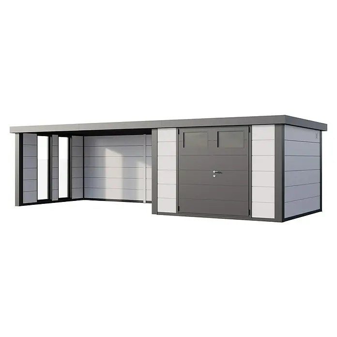 Telluria Metallgerätehaus Classico 3330 mit Lounge XL links inkl. 2 Fenster und Elektro-Set - Außenmaß inkl. Dachüberstand (B x T): 812 x 318 cm, Stahl, Weiß/Anthrazit, Inkl. Innenwandverkleidung & Elektro-Set - Geräumiges Gerätehaus mit Doppeltür und integriertem Unterstand, ideal für Gartenutensilien und als Wetterschutz.