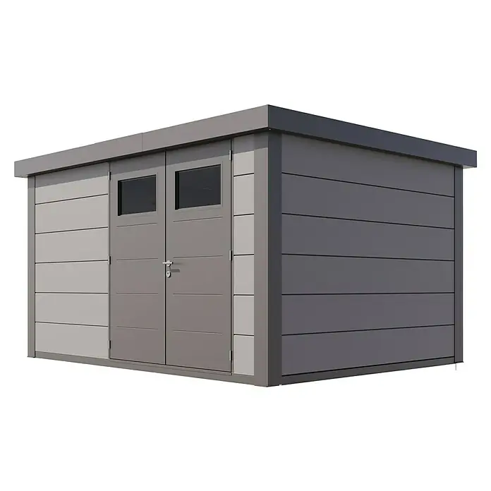 Telluria Metallgerätehaus Classico 3930 inkl. Elektro-Set - Außenmaß inkl. Dachüberstand (B x T): 408 x 318 cm, Stahl, Lichtgrau/Anthrazit, Inkl. Innenwandverkleidung & Elektro-Set - Moderne Gartenhütte mit Doppeltür und Fenster, ideal für die Aufbewahrung von Gartengeräten und -möbeln. Praktisches und stilvolles Design.