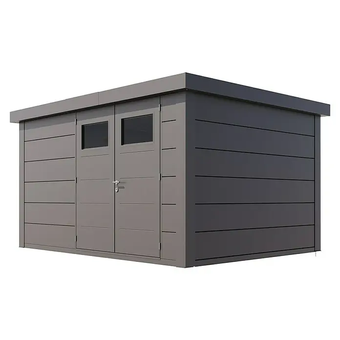 Telluria Metallgerätehaus Classico 3930 inkl. Elektro-Set - Außenmaß inkl. Dachüberstand (B x T): 408 x 318 cm, Stahl, Anthrazit, Inkl. Innenwandverkleidung & Elektro-Set - Modernes, graues Gerätehaus mit Doppeltür und Fenster, ideal für die Gartenaufbewahrung.