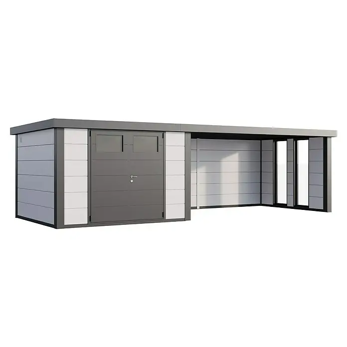 Telluria Metallgerätehaus Classico 3030 mit Lounge XL rechts inkl. 2 Fenster und Elektro-Set - Außenmaß inkl. Dachüberstand (B x T): 782 x 318 cm, Stahl, Weiß/Anthrazit, Inkl. Innenwandverkleidung & Elektro-Set - Moderne Gartenbox mit seitlichem Unterstand. Ideal für die Aufbewahrung von Gartengeräten und als wettergeschützter Bereich im Garten.