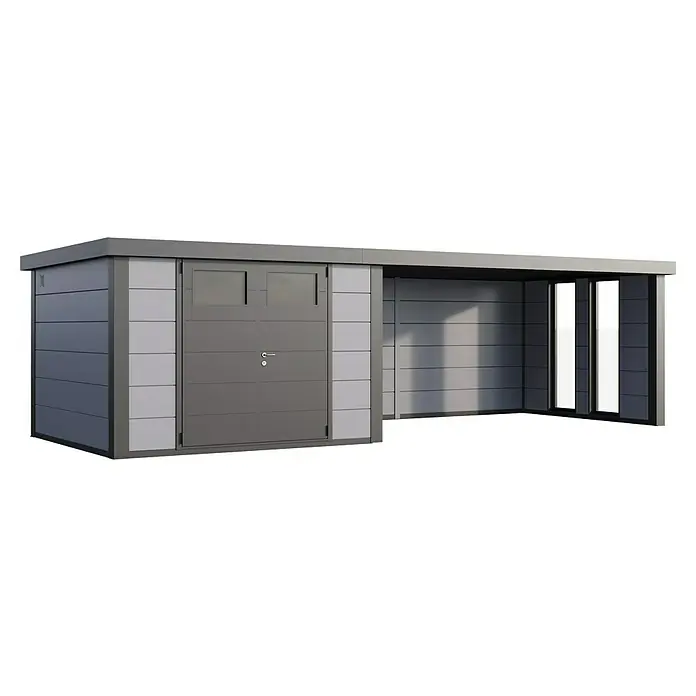 Telluria Metallgerätehaus Classico 3330 mit Lounge XL rechts inkl. 2 Fenster und Elektro-Set - Außenmaß inkl. Dachüberstand (B x T): 812 x 318 cm, Stahl, Lichtgrau/Anthrazit, Inkl. Innenwandverkleidung & Elektro-Set - Modernes Gerätehaus mit großzügigem Stauraum und überdachtem Bereich. Ideal für Gartenwerkzeug und mehr.
